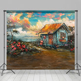 Aperturee - Aperturee Oil Painted Blue Sky Beach Shack Floral Photo Backdrop